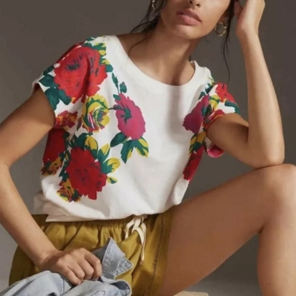 Floral Print White Short-Sleeve Women's Top